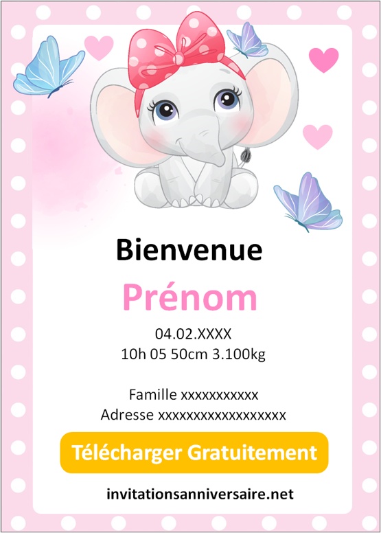 faire part naissance elephant fille